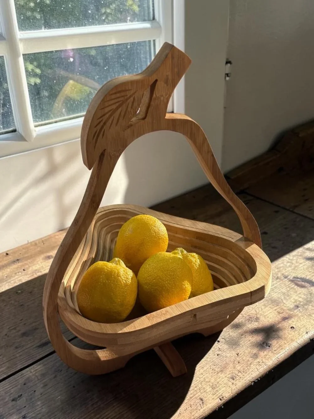 Collapsible Bamboo Pear Fruit Bowl - Single Cut Magic!!  Eco Kitchen Decor